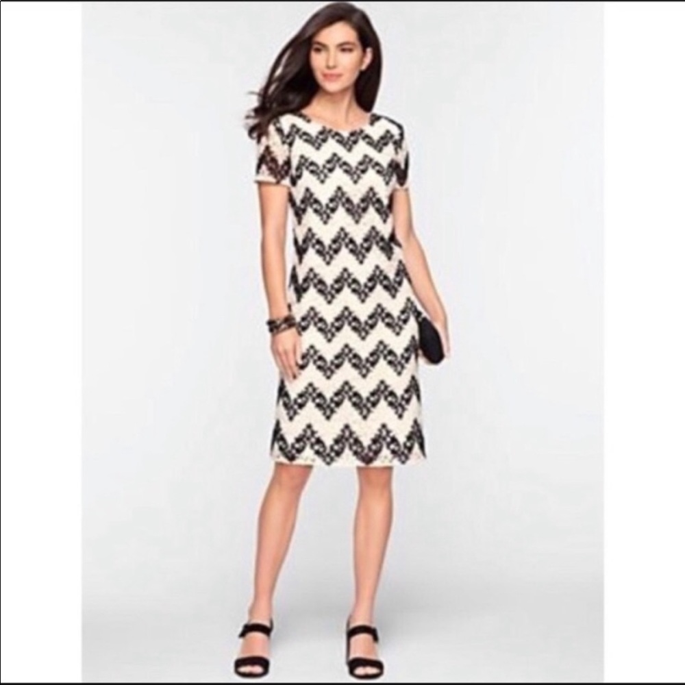 Talbots chevron shift dress shirt sleeve crocheted overlay cream black size 10P